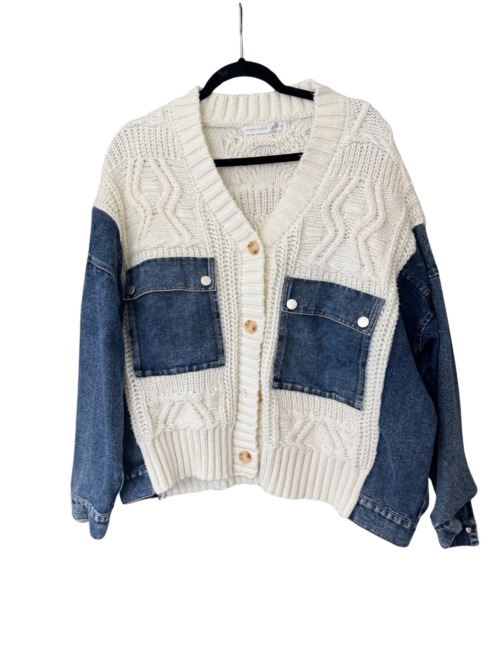 Altar'd State Cream Cable Knit Cardigan with Blue Denim Pockets